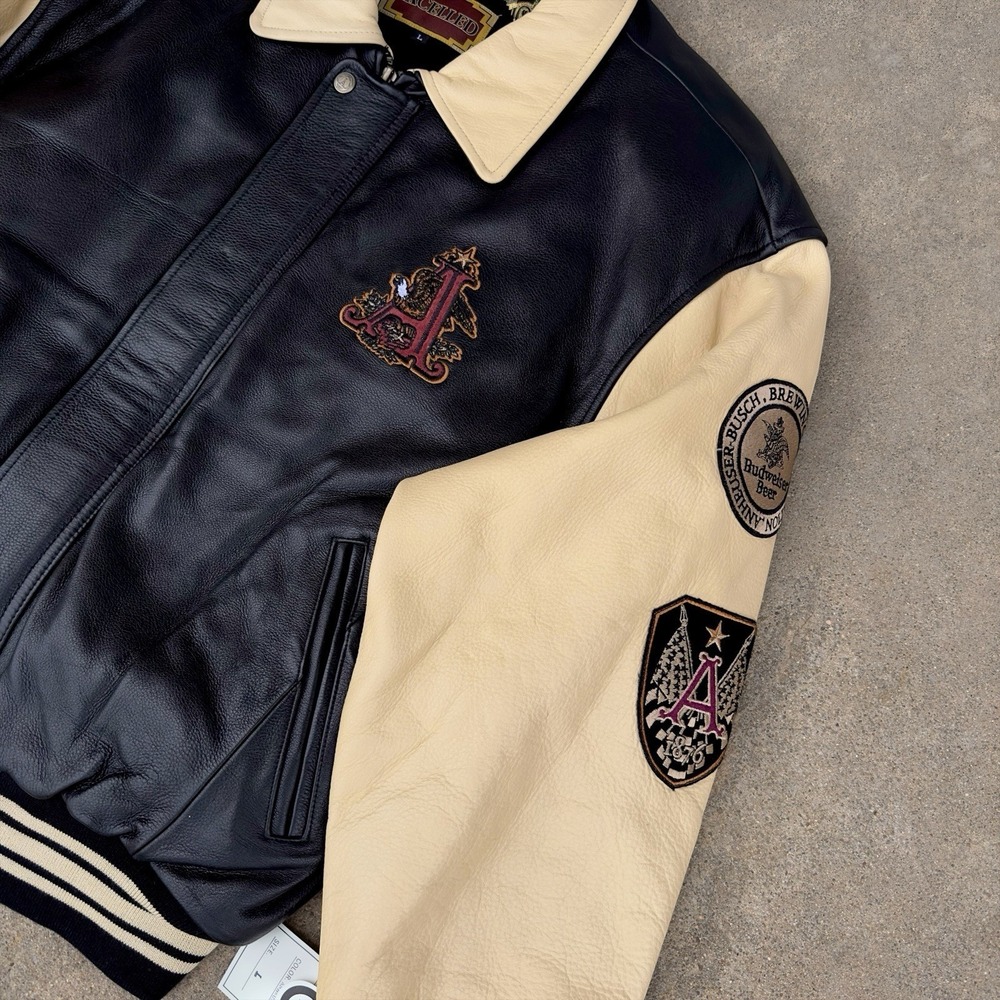 VTG Excelled Anheuser Busch Budweiser Leather Bomber Jacket Embroidered Men's L - Picture 4 of 16